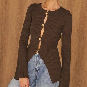 Commense Golden Button Split Knit Top - Brown